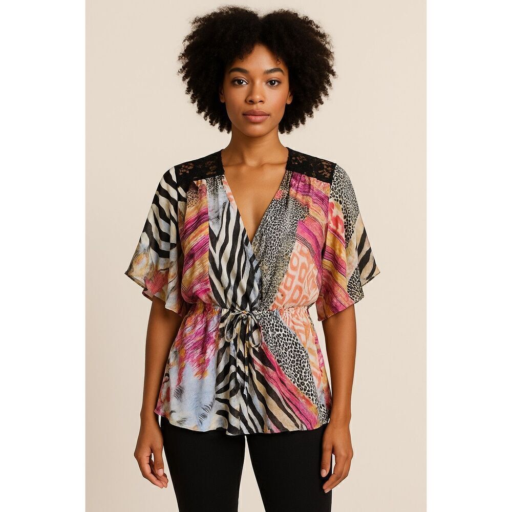 Monique Leshman Silk Beaded Cheetah Multi Print Peplum Blouse Size M